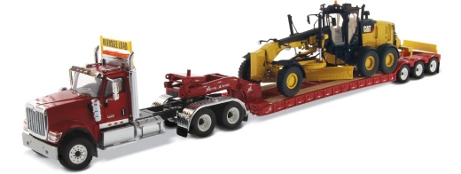 Picture of 1:50 International HX520 Tandem Tractor + XL 120 Trailer, Red w/ Cat® 12M3 Motor Grader loaded including both rear boosters